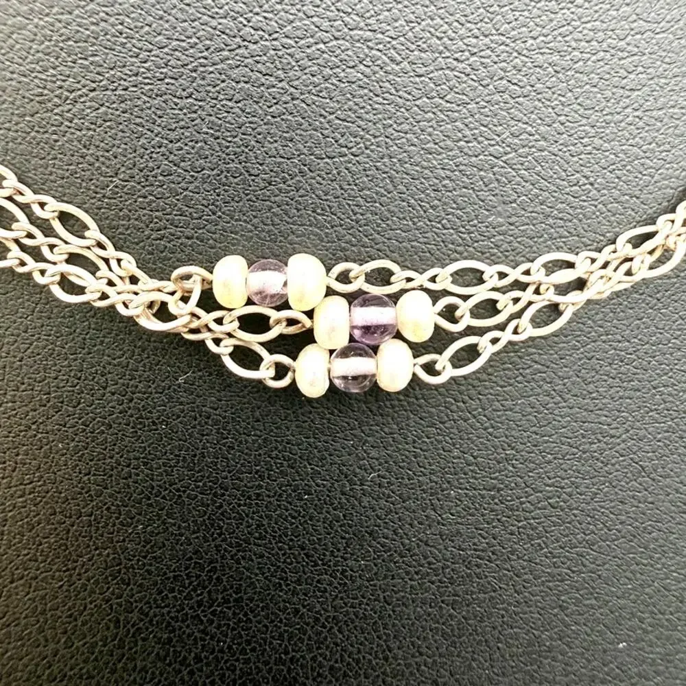 Vintage 925 Silver 3 Strand Figaro Chain Necklace Pearl Amethyst Beads 14